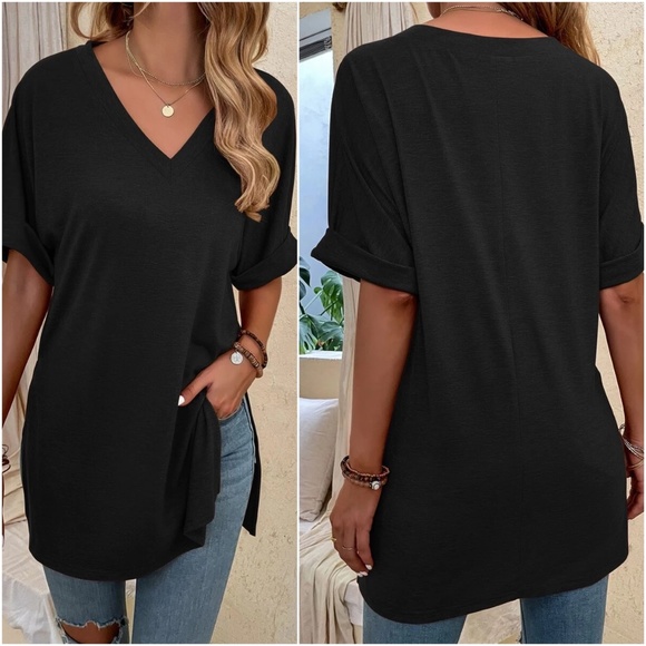 06 Cozy V neck Side Slit Oversized Top - Picture 4 of 5